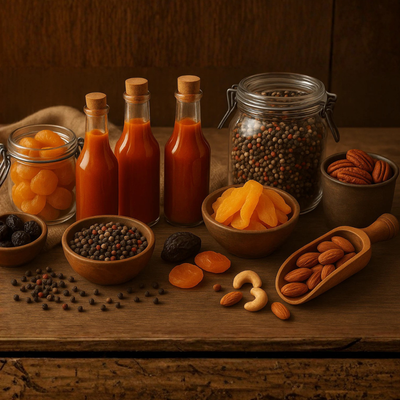 All Products including a variety of spices, nuts, and dried fruits displayed in elegant wooden bowls.