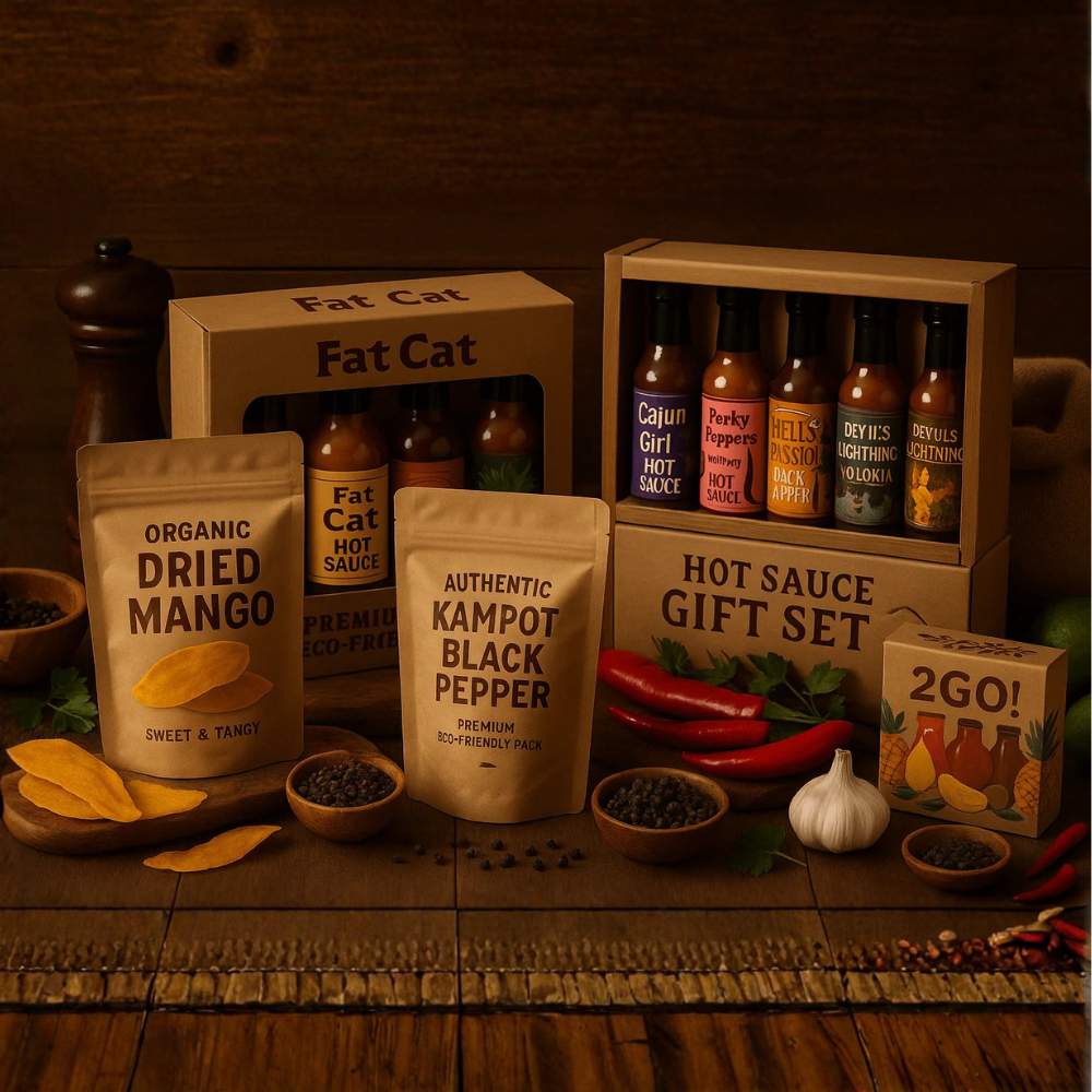 Best Sellers featuring gourmet hot sauces, dried mango, and kampot black pepper in stylish packaging.