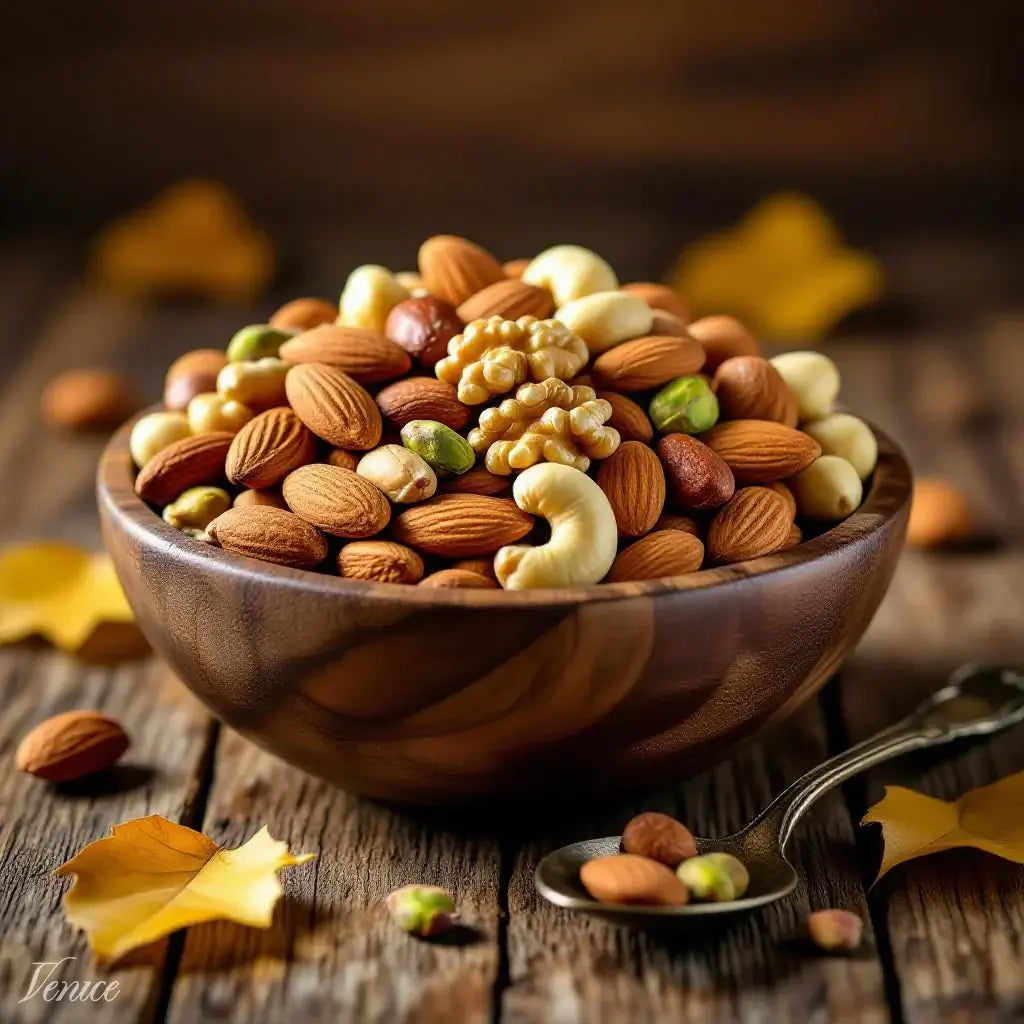 Bowl of Premium Nuts & Mixed Nuts featuring almonds, cashews, and walnuts on a rustic wooden table.