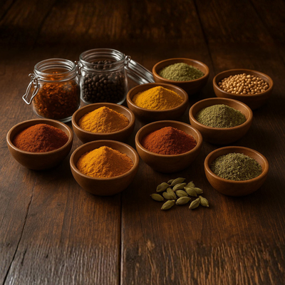 Premium Kampot Pepper Collection featuring various spices in wooden bowls on a rustic table.