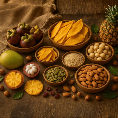 Premium Organic Dried Fruits-Sweetness From Around The World with assorted dried fruits and nuts on a wooden table.