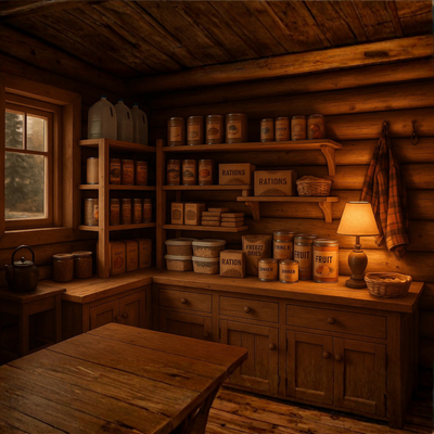 Emergency Storable Food collection featuring canned goods and rations in a rustic wooden cabin setting.