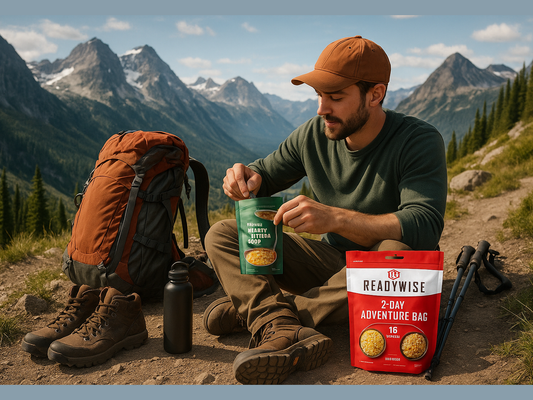 Hiker with backpack enjoying ReadyWise 2-Day Adventure Bag meal outdoors in mountain setting
