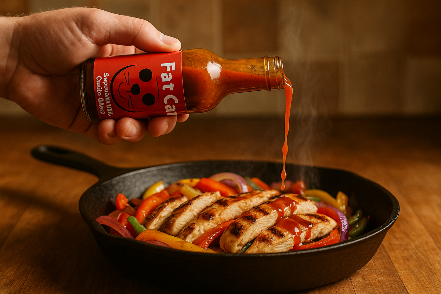 2. Pour/drizzle action with fajitas