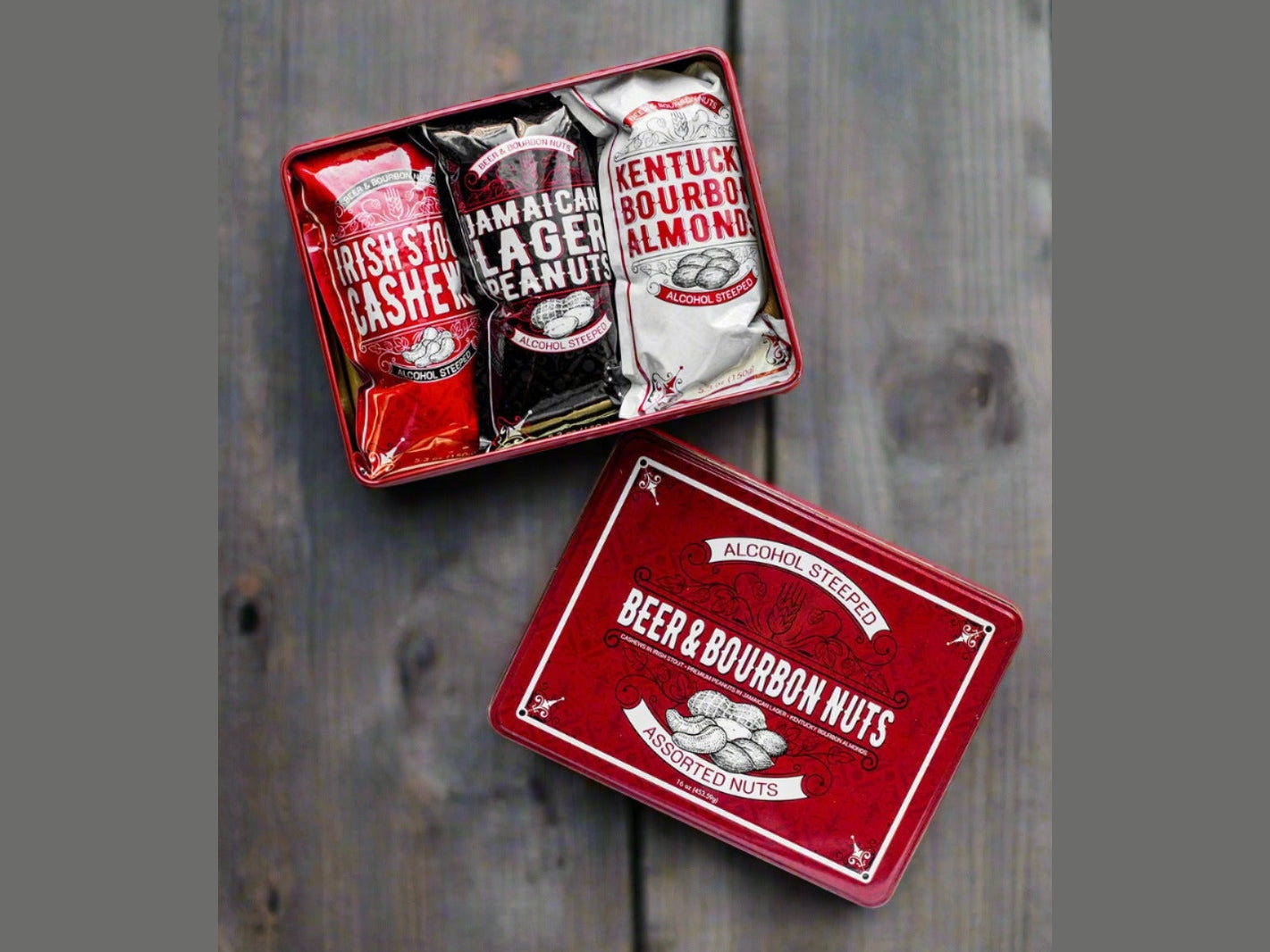 Beer & Bourbon Liquor Nuts Gift Tin - 3 Spirit-Inspired Nut Flavors