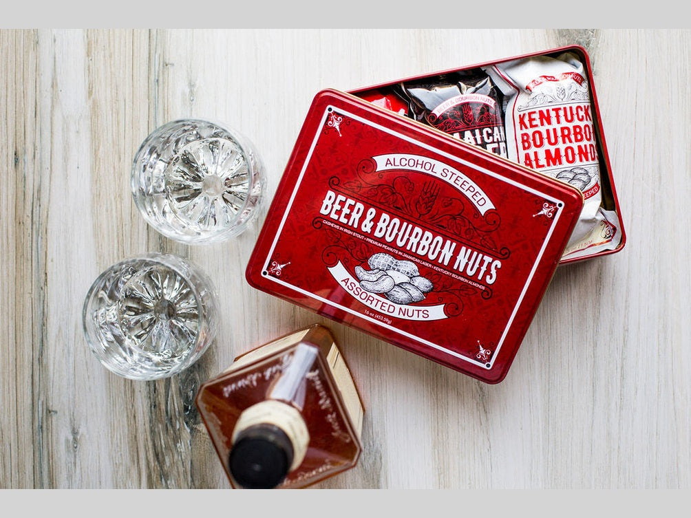 Beer & Bourbon Liquor Nuts Gift Tin - 3 Spirit-Inspired Nut Flavors