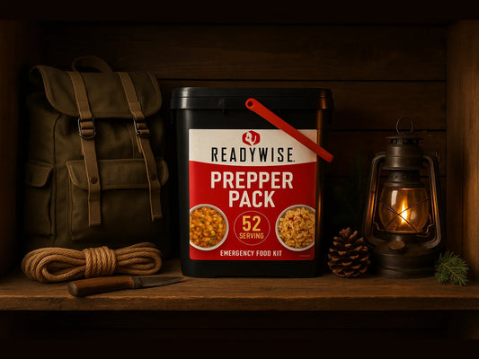 ReadyWise 52-serving prepper pack emergency food kit on wooden shelf with lantern, backpack, and rope