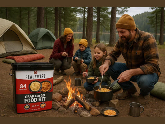 Family camping with tents, cooking with a grab and go 84 serving food kit by campfire
