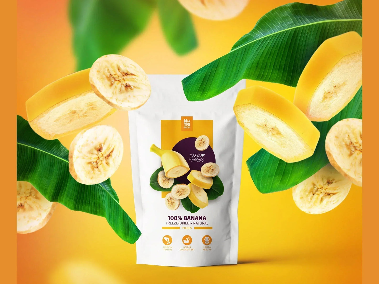 Freeze-dried banana slices with green leaves and 100% banana snack packaging on yellow background