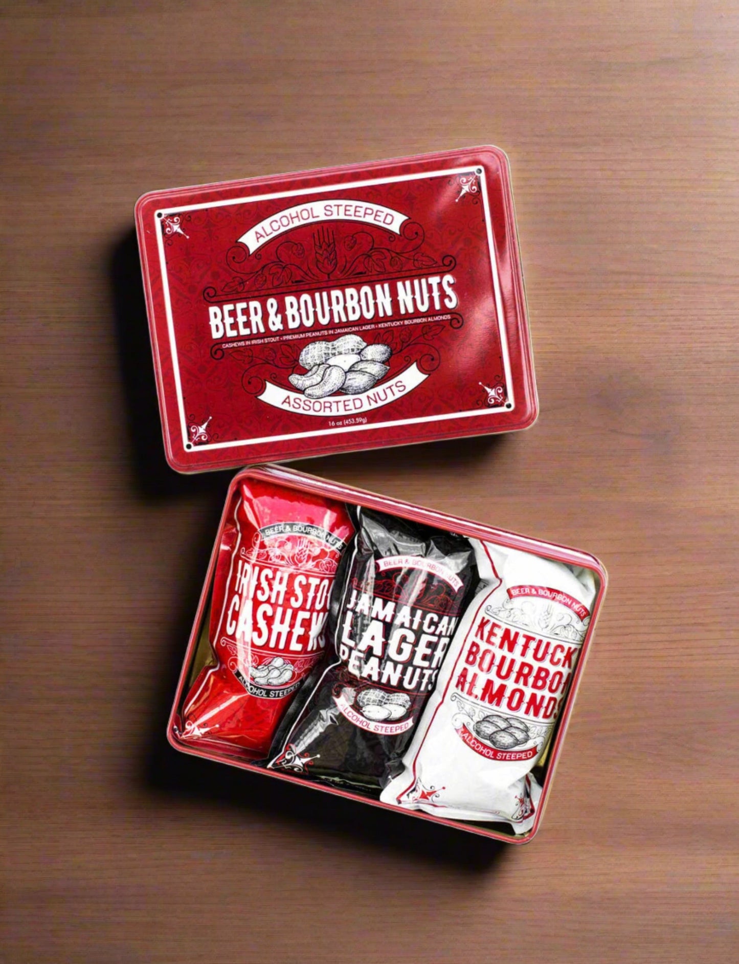 Beer & Bourbon Liquor Nuts Gift Tin – 3 Spirit-Inspired Nut Flavors