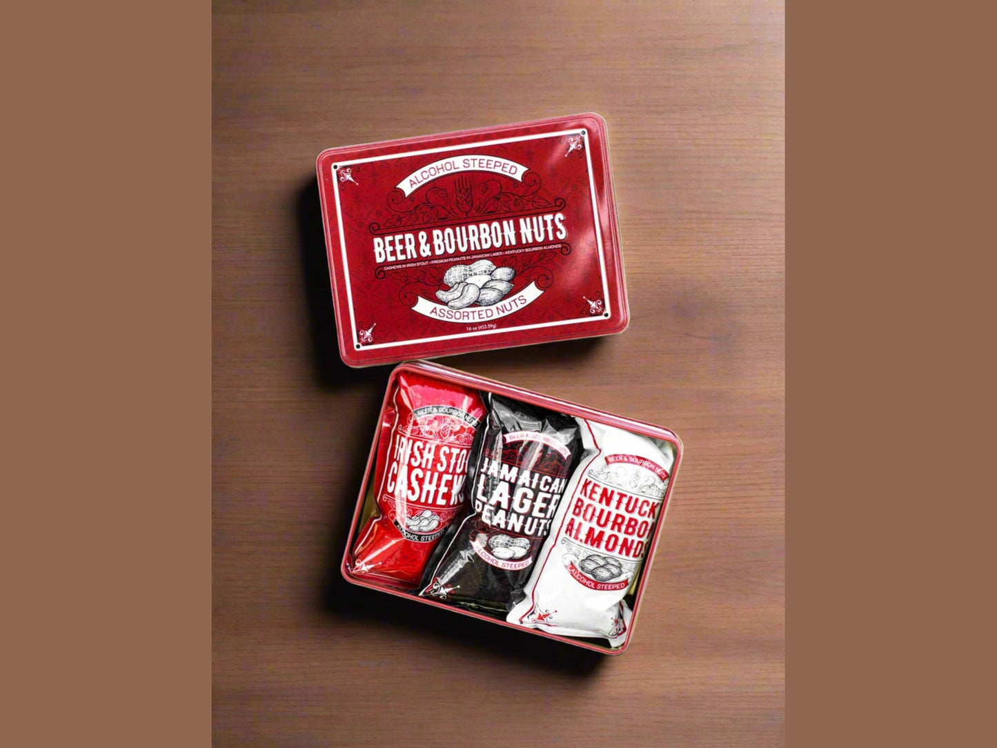 Beer & Bourbon Liquor Nuts Gift Tin - 3 Spirit-Inspired Nut Flavors