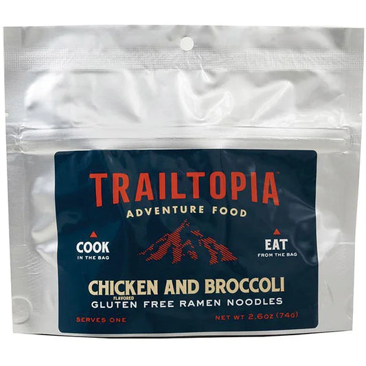 Trailtopia gluten free chicken and broccoli flavored ramen noodles in resealable adventure food pouch