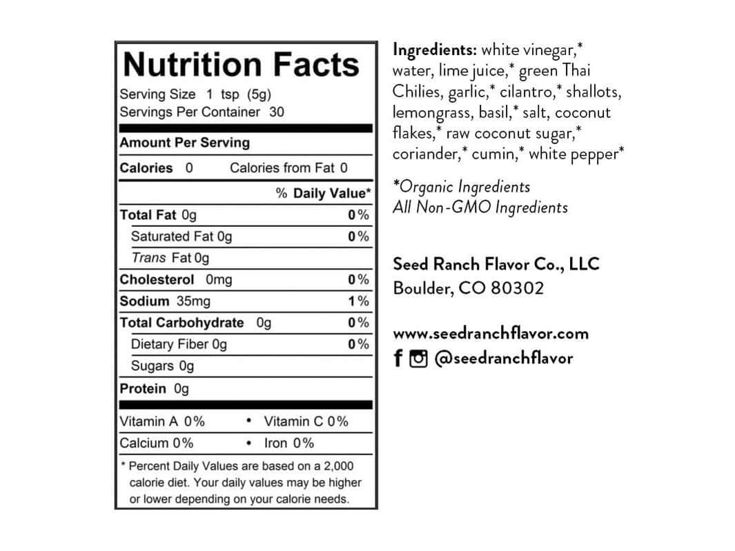 Nutrition facts for Classic Heat Trio - 3 Bottle Bundle by Seed Ranch Flavor including ingredients and serving details.