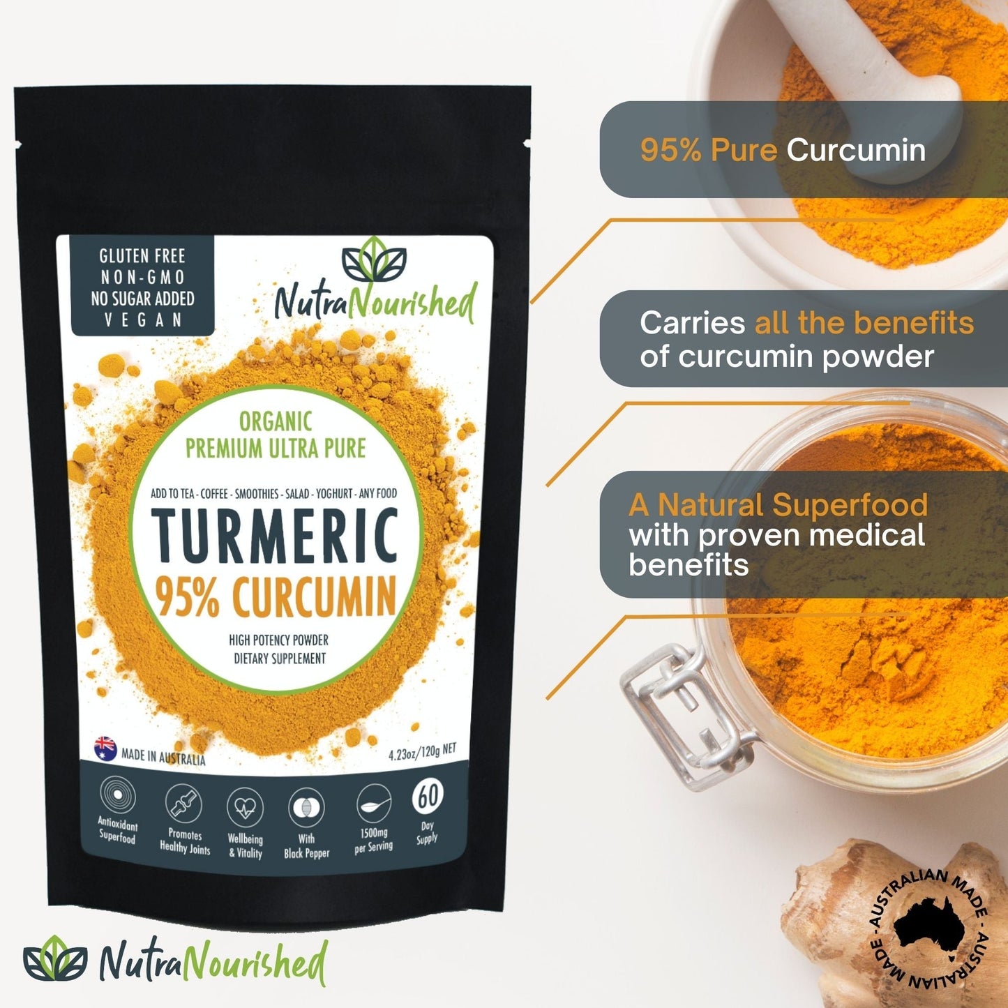 Pure 95% Curcumin Powder (120g) - 1500mg Turmeric Extract Black Pepper