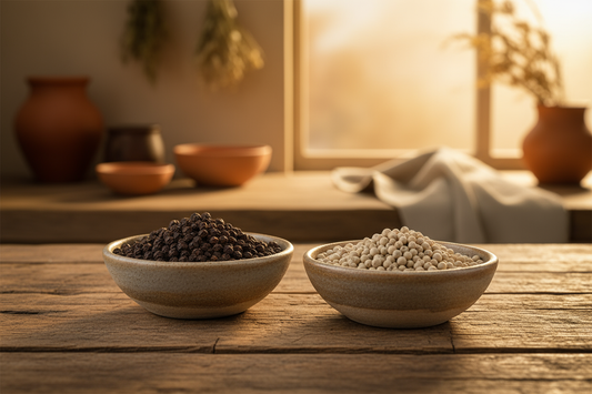 Black and white peppercorns in separate bowls side by side