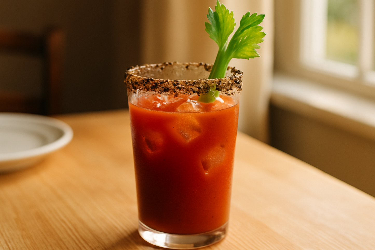 Bloody Mary cocktail with coarse black pepper rim