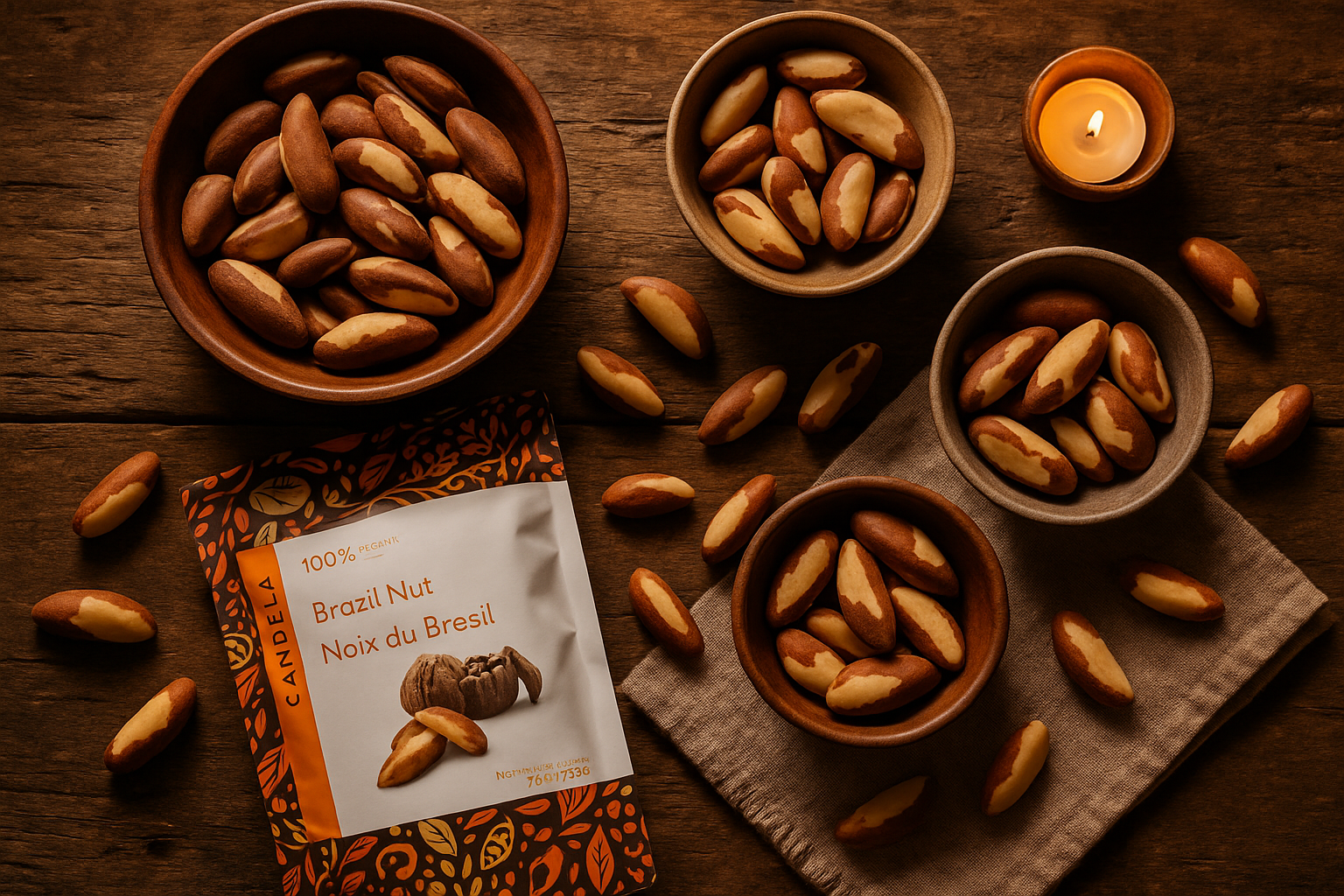 Brazil nuts in artisanal bowls - overhead rustic view