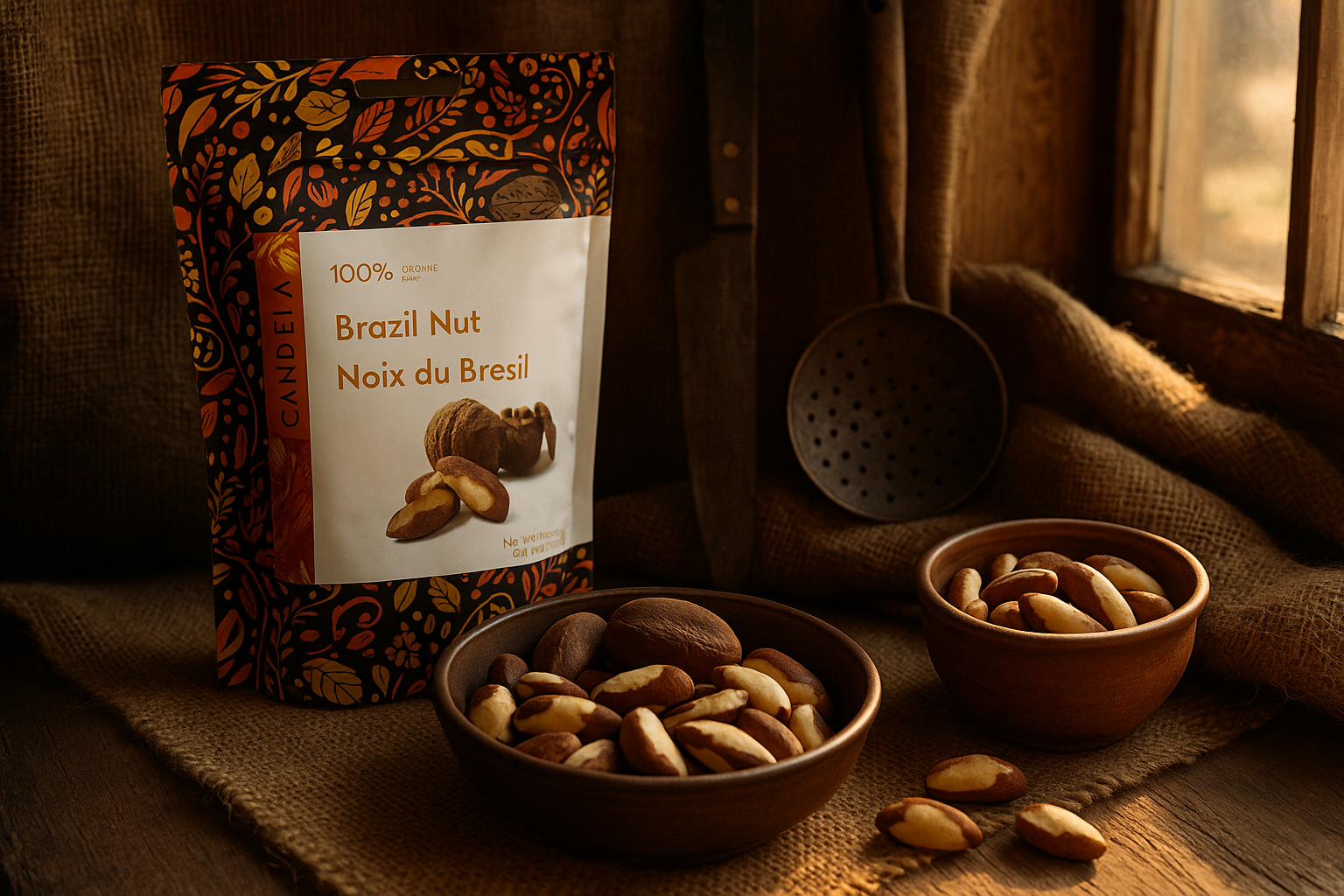 Brazil nuts in ceramic bowls - rustic kitchen