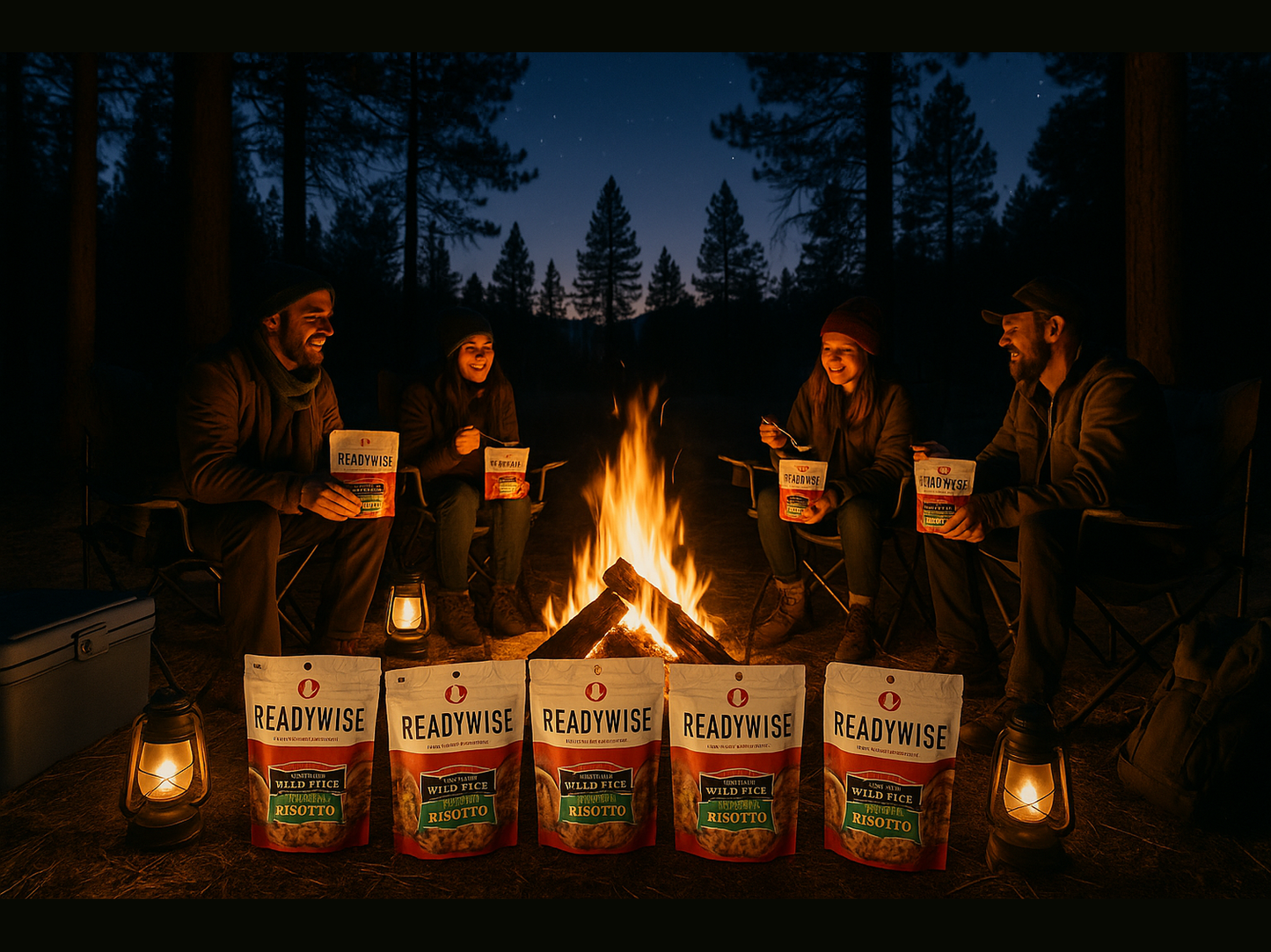 Campfire gathering with ReadyWise meals