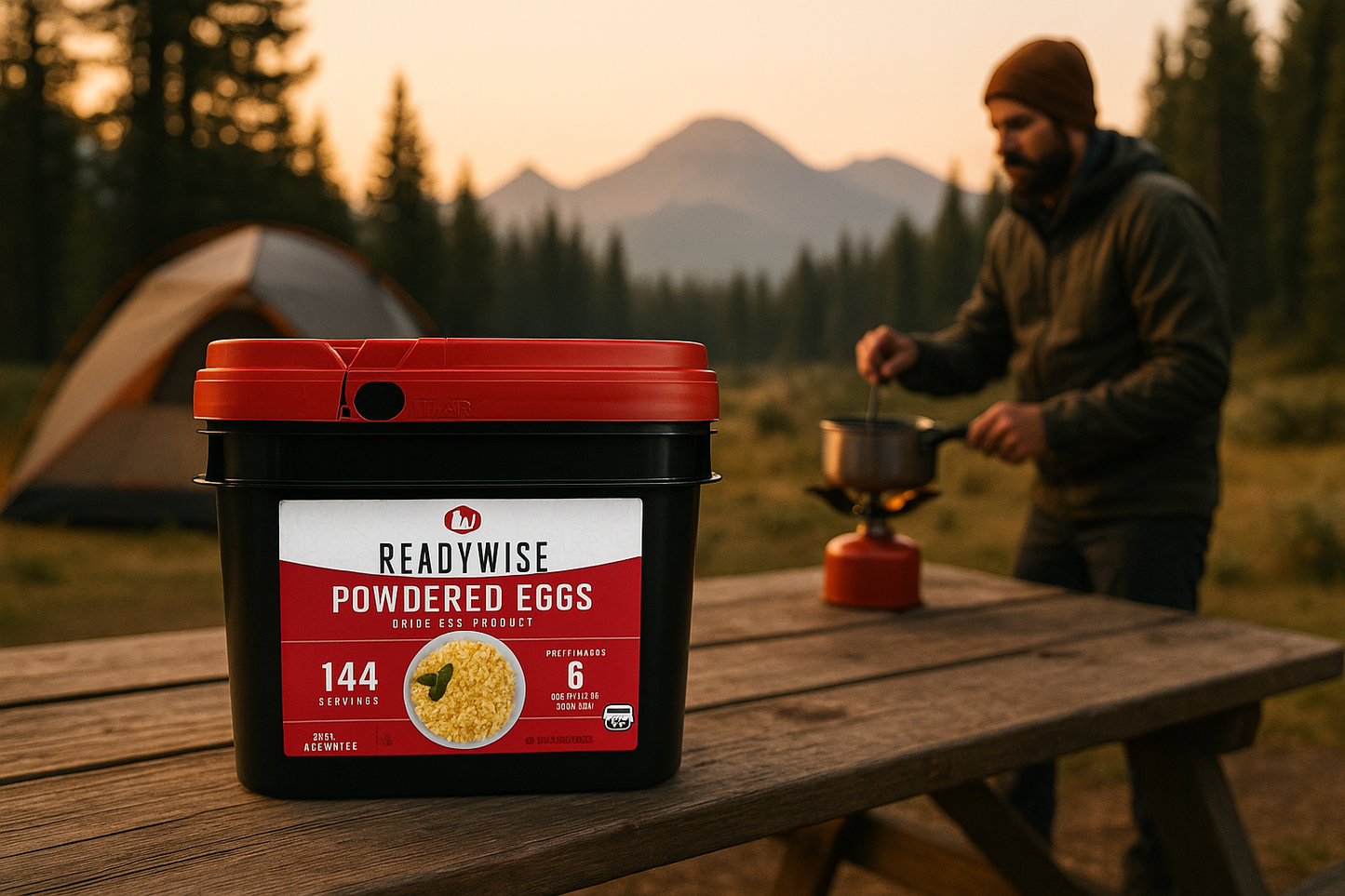 Camping scene with ReadyWise Powdered Eggs