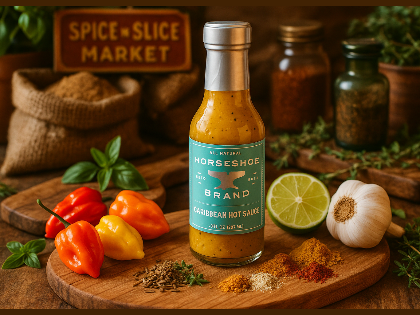 Caribbean Hot Sauce in market setting
