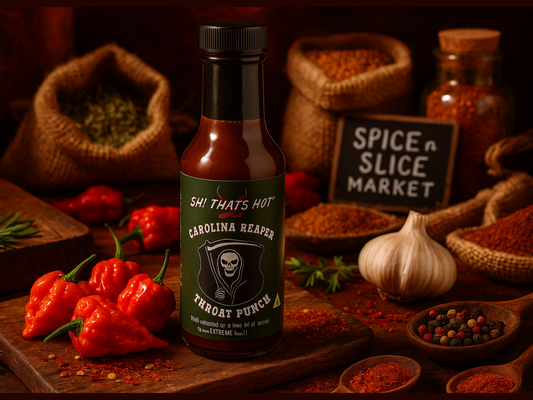 Carolina Reaper Throat Punch hot sauce bottle with peppers and spices in market setting