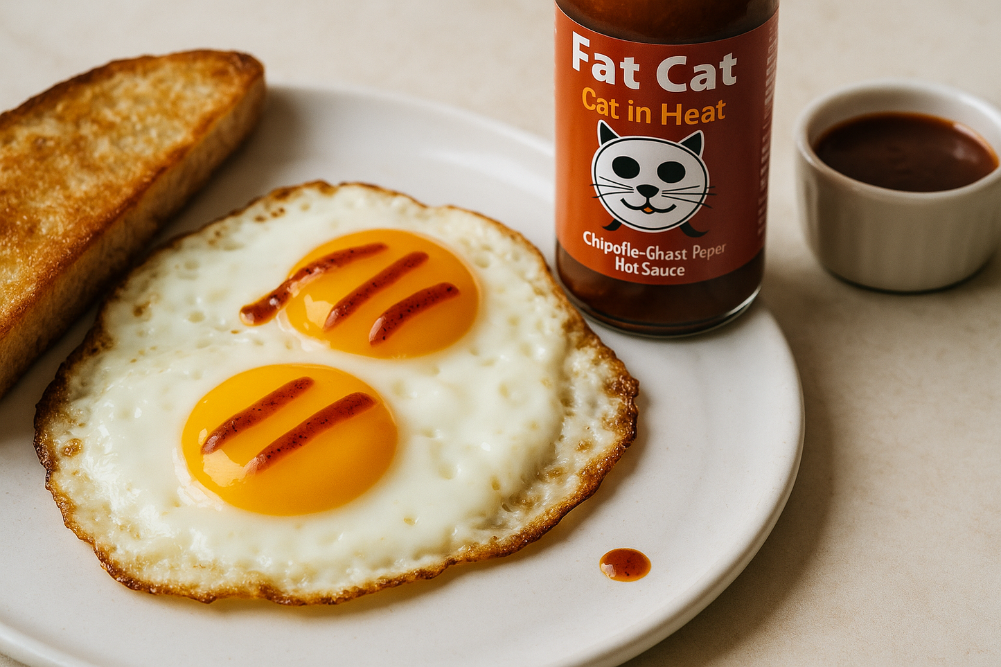 Cat in Heat sauce drizzled over sunny-side eggs with bottle in frame