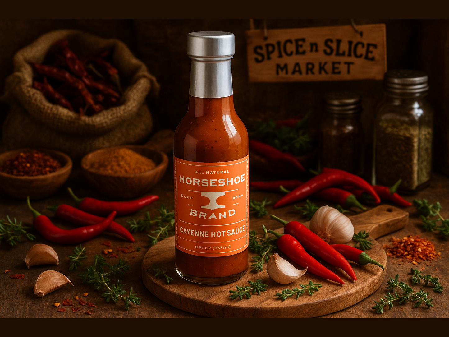 Cayenne Hot Sauce in market setting