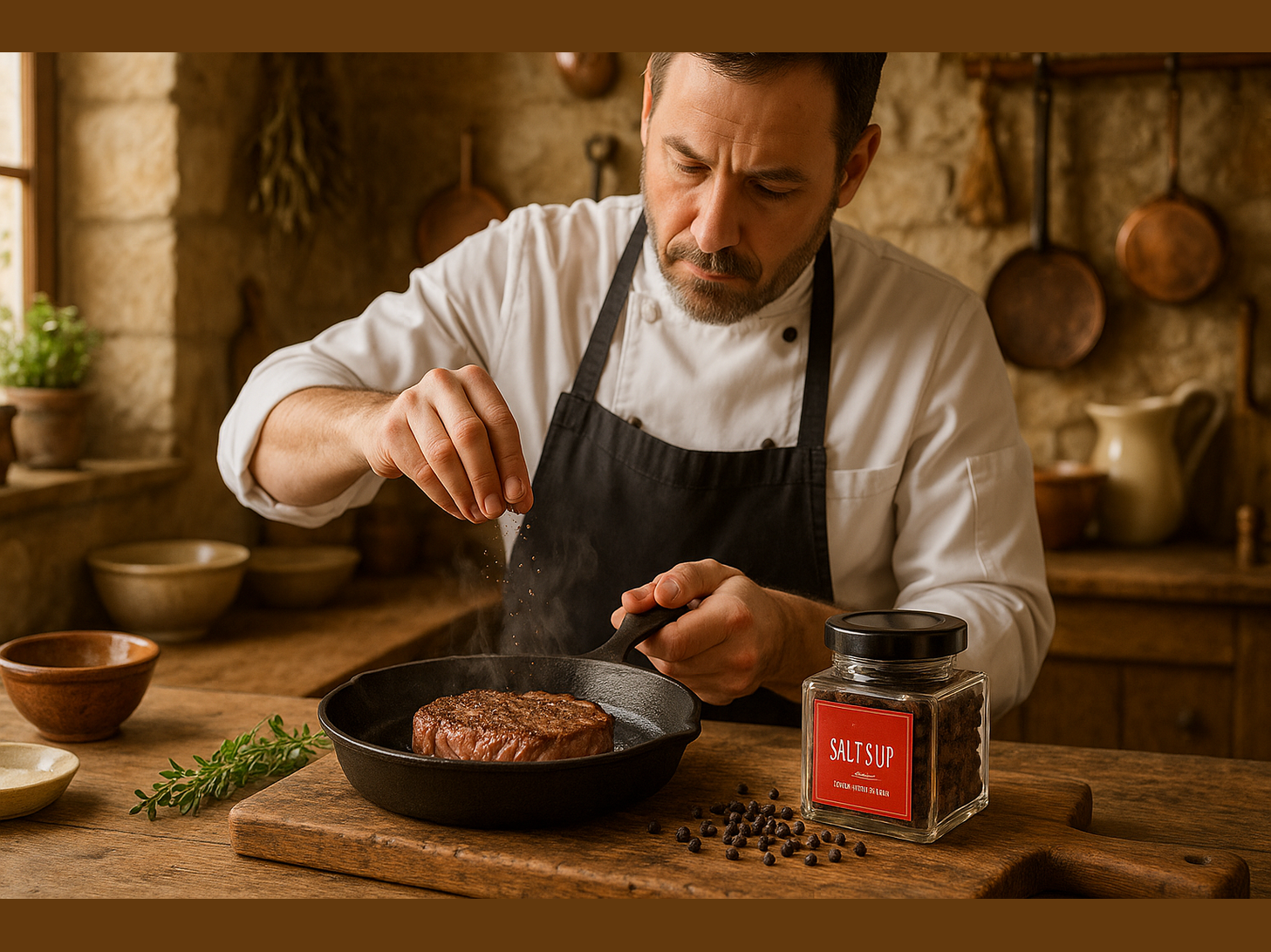 Chef Cooking Steak with SALT'S UP CUBEB PEPPER in French Farmhouse Kitchen