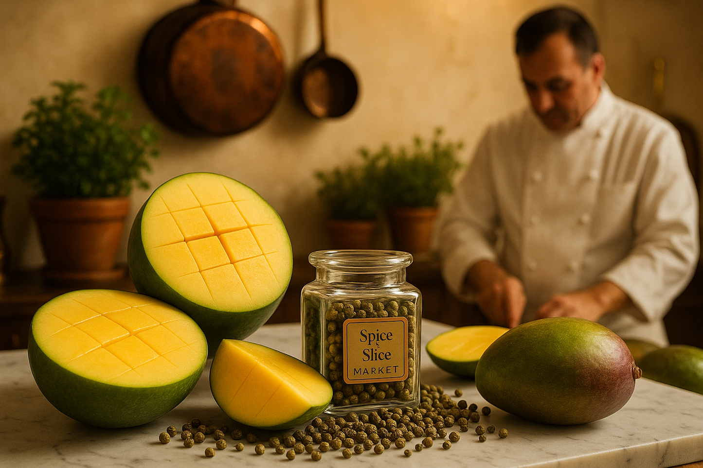 Chef in French Kitchen with Green Peppercorns
