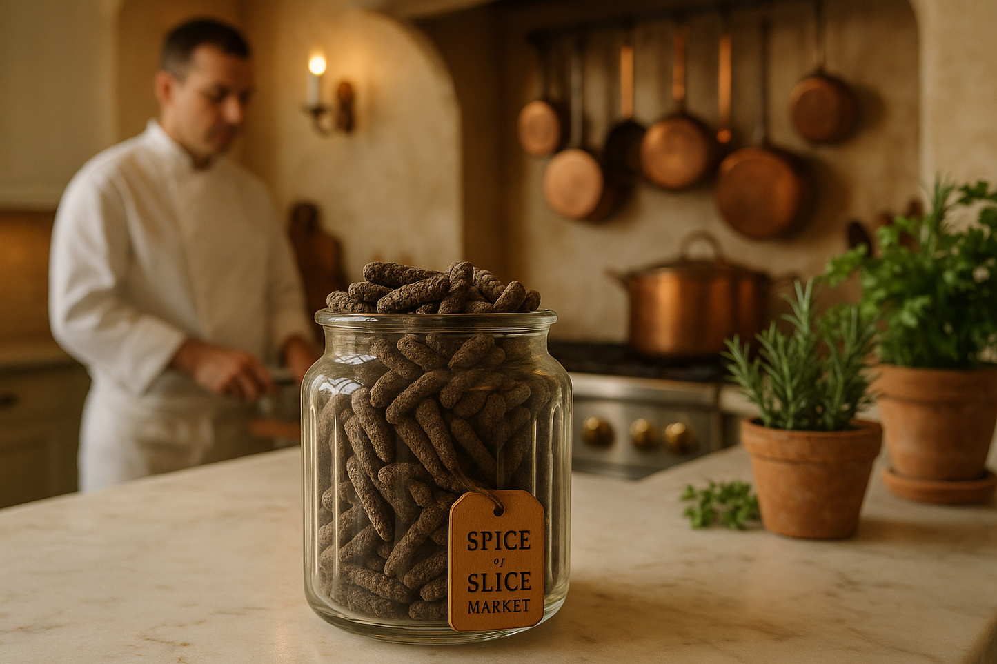 Chef in French Kitchen with Long Pepper