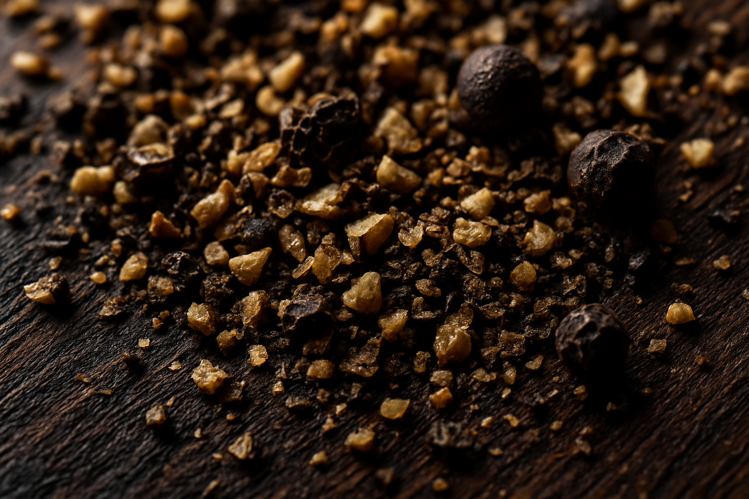 Coarse black pepper grind texture macro on cutting board