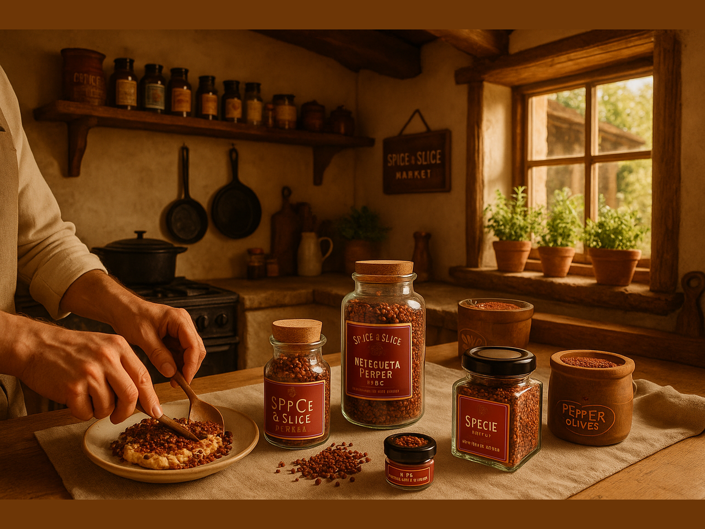 Cozy French kitchen with chef preparing dish