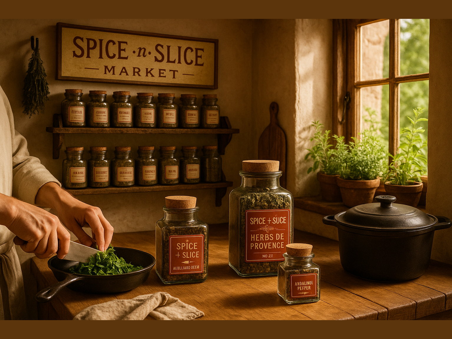 Cozy French kitchen with chef preparing dish
