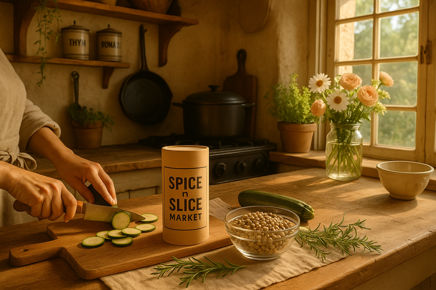 Cozy French kitchen with chef preparing dish