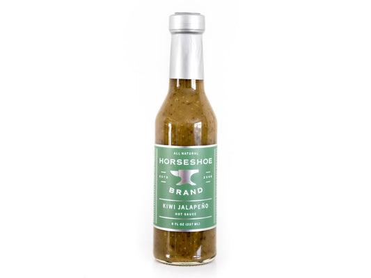 Horseshoe Brand Kiwi Jalapeño Hot Sauce bottle with green label on white background
