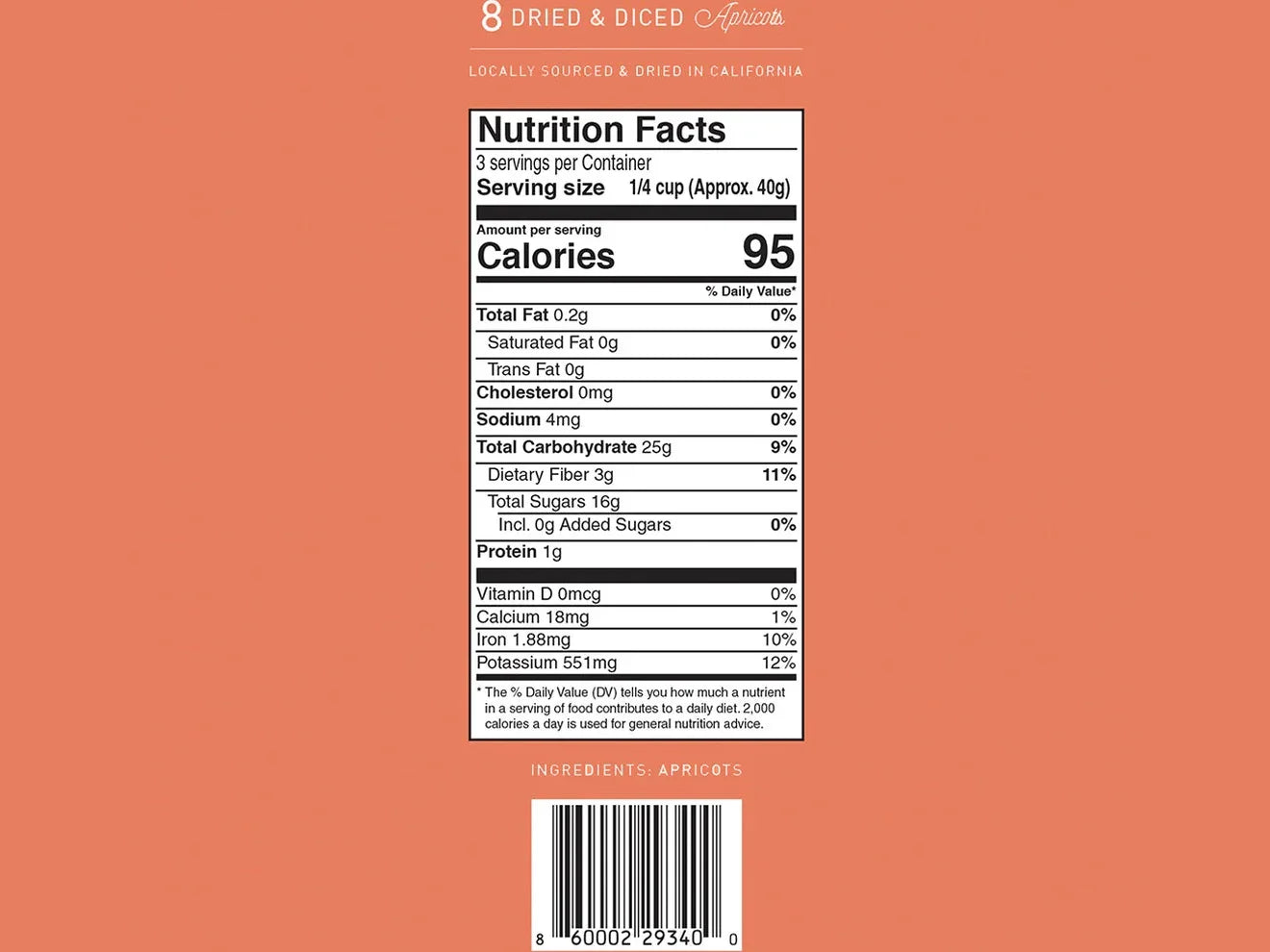 Nutrition facts label for dried diced apricots on orange background with barcode visible.