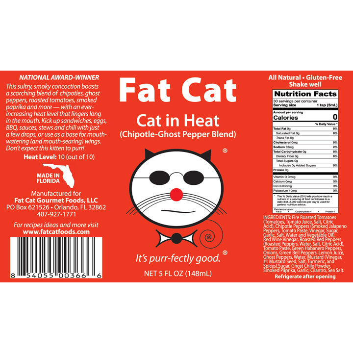 Fat Cat "Cat in Heat" Chipotle-Ghost Pepper Hot Sauce 3 Pack Bundle.