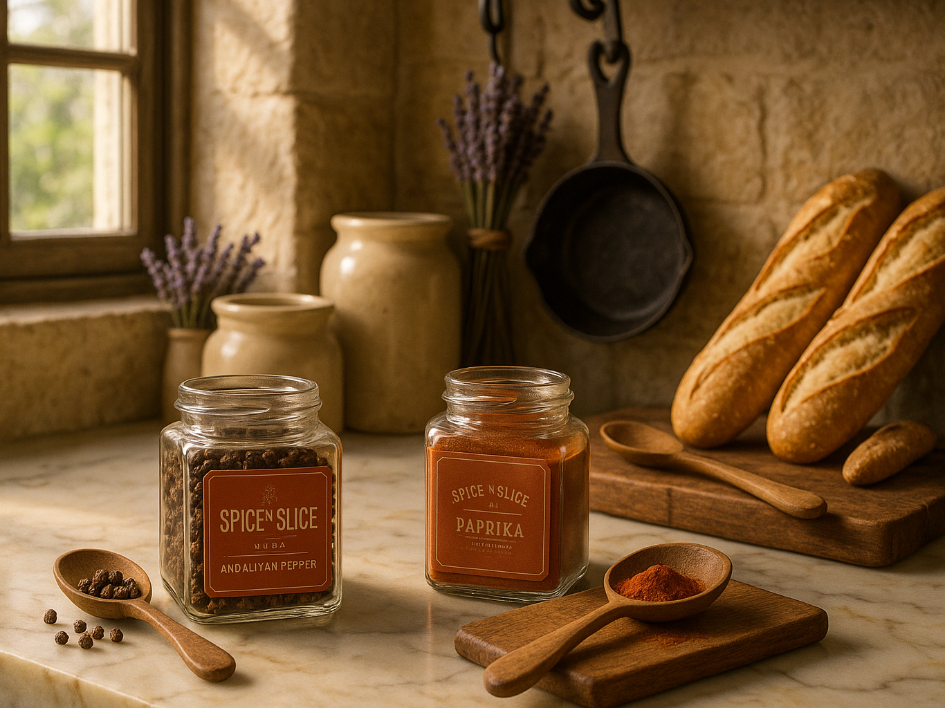 Elegant French kitchen with artisanal spice display