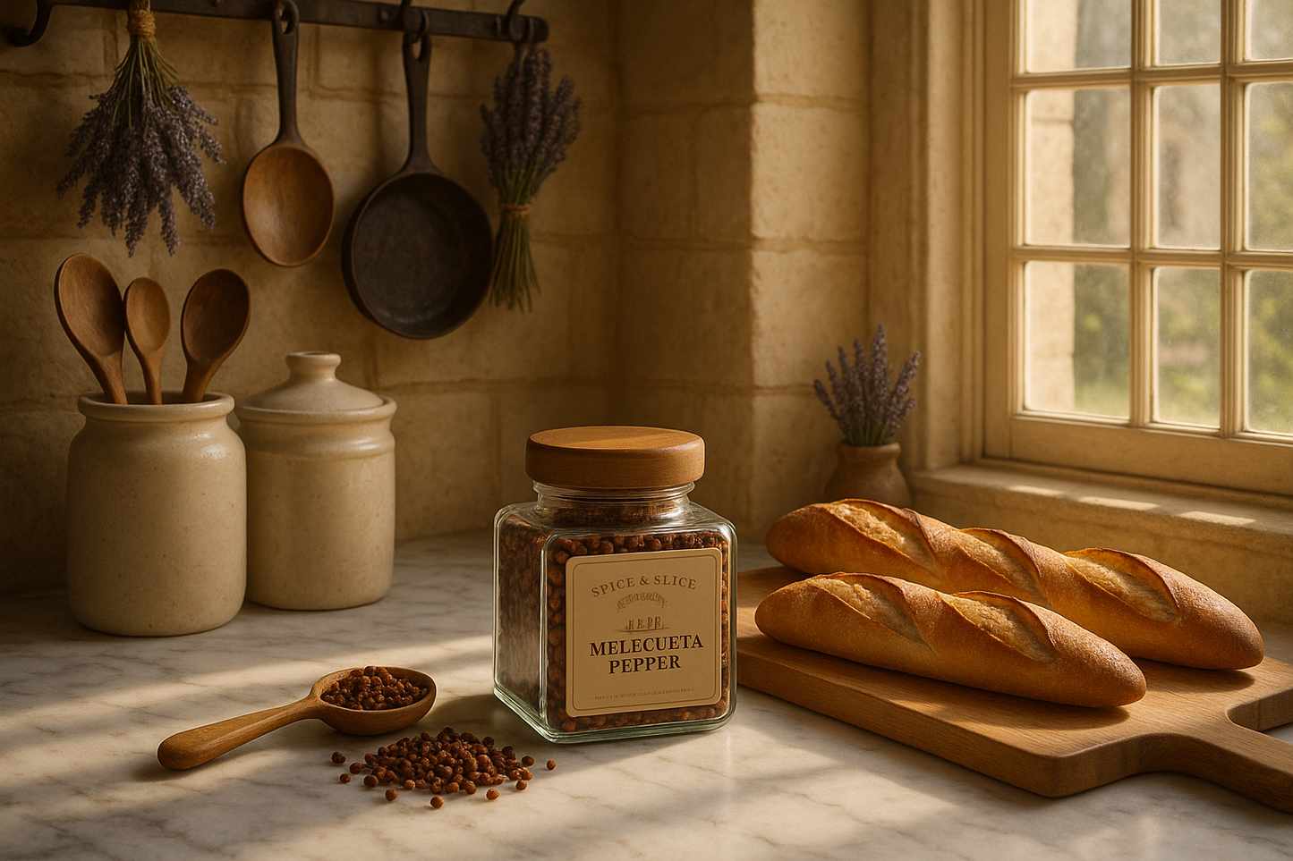 Elegant French kitchen with melegueta pepper display