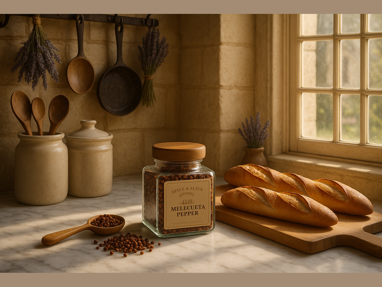 Elegant French kitchen with melegueta pepper display