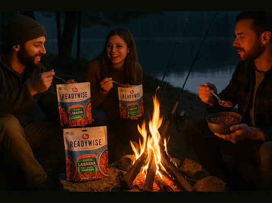 Friends sharing ReadyWise meals around a campfire at lakeside campsite, evening setting