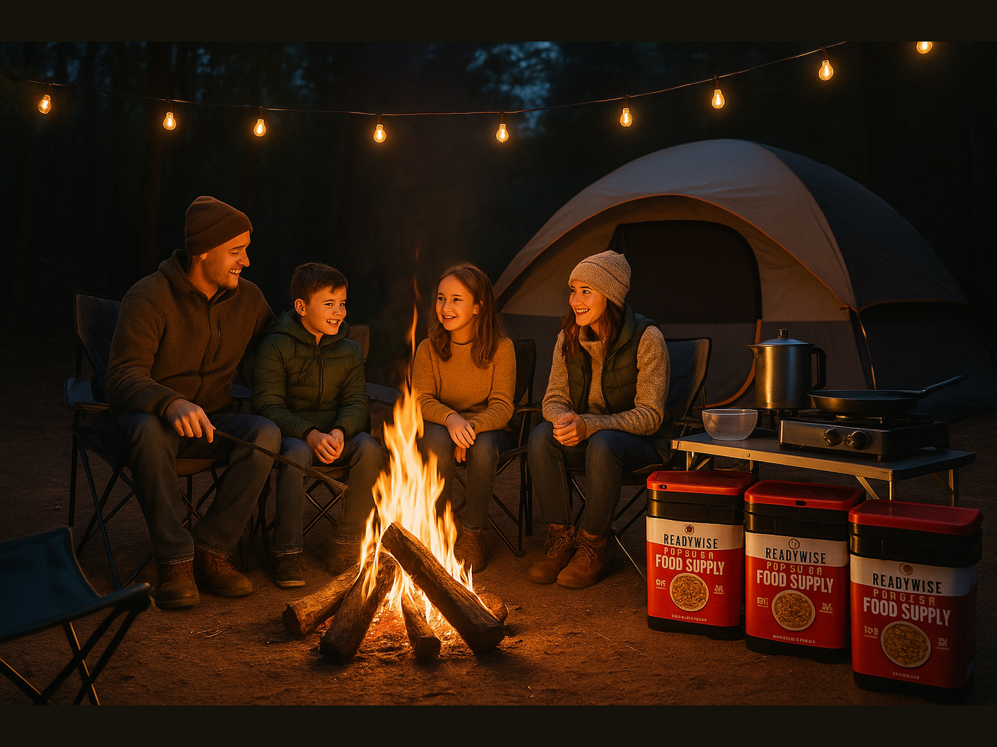 Family camping around campfire