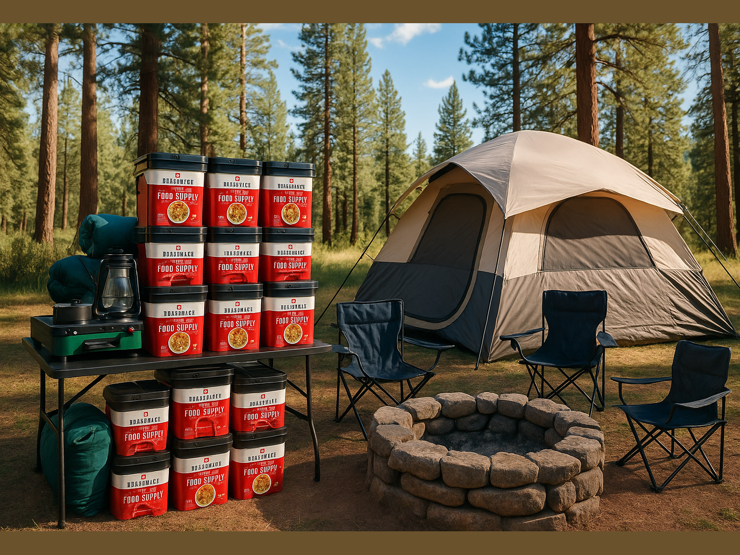 Family camping setup with ReadyWise emergency food supply