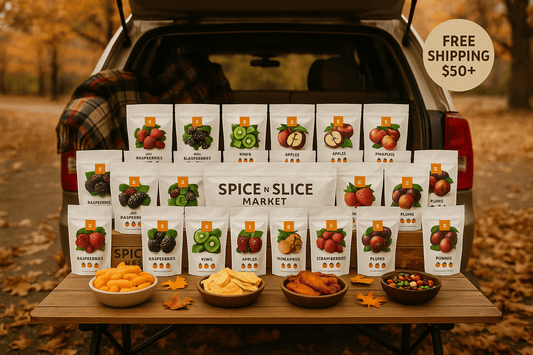 Smoothie Maker 15-Pack (15 Small Pouches) displayed on a table with assorted fruit blends and snacks.