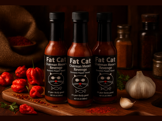 Fat Cat Chairman Meow's Revenge scorpion pepper hot sauce 3-pack in market setting with peppers and spices