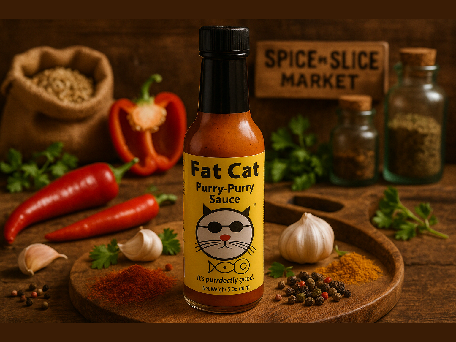 Fat Cat Purry-Purry Sauce in market setting