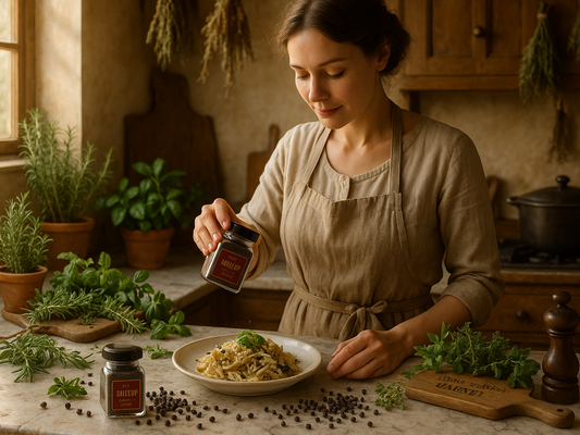 Female chef seasoning pasta with Highland pepper in rustic kitchen surrounded by fresh herbs