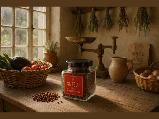 French farmhouse kitchen with spices, vegetables, scale, and rustic decor on wooden table