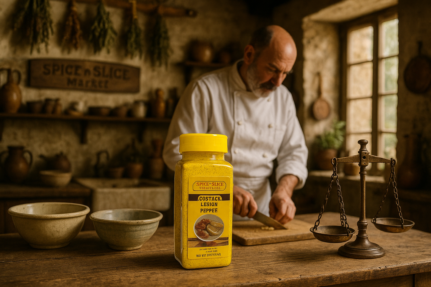 French farmhouse kitchen with chef and lemon pepper
